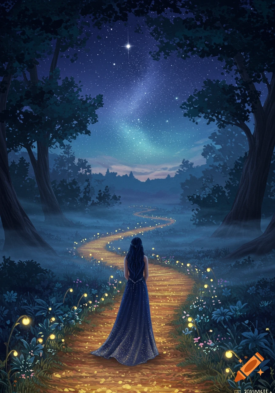 A woman in a flowing blue dress walks away from the viewer on a glowing ...