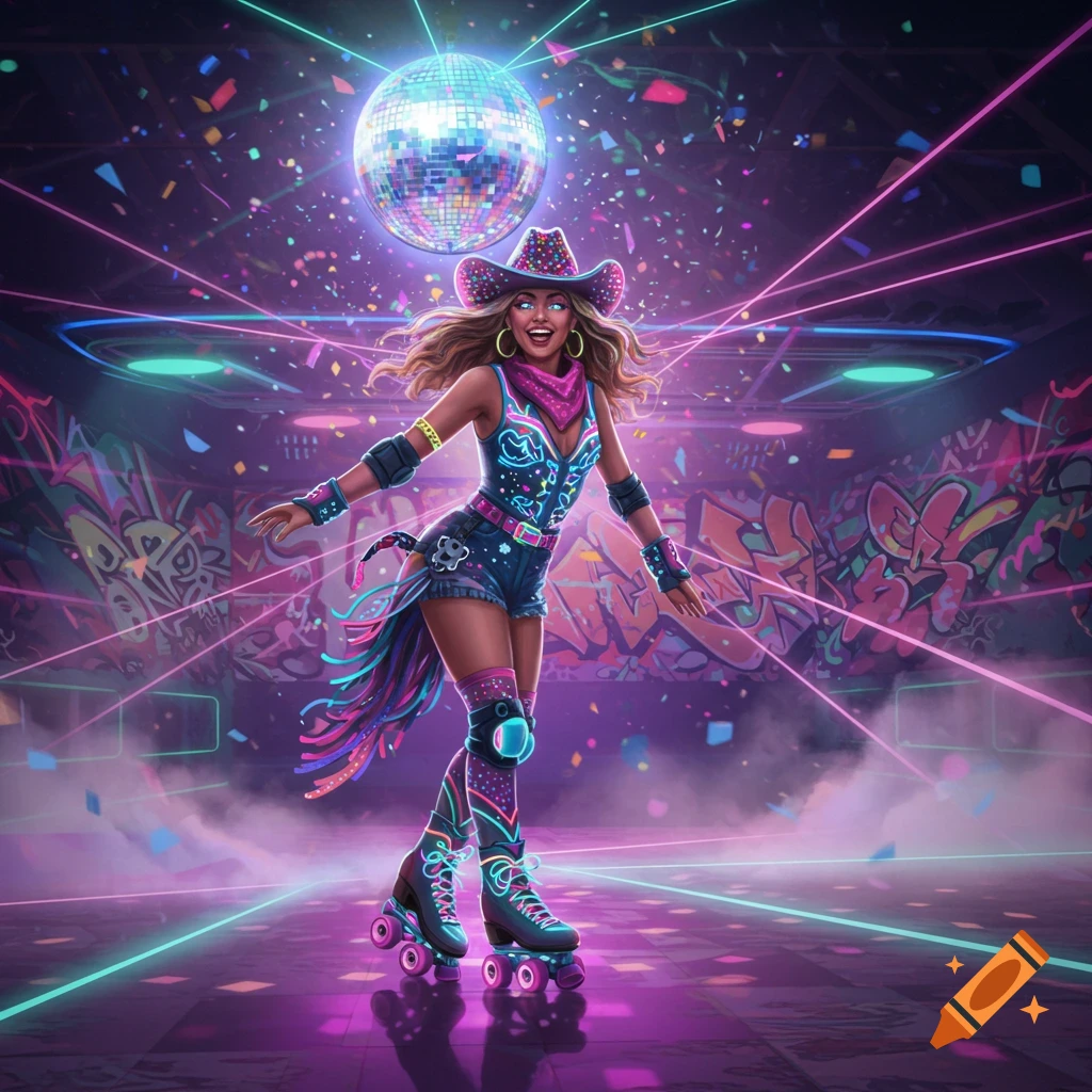 A neon disco cowgirl on roller skates poses in a vibrant, graffiti-filled club with a disco ball and laser lights.