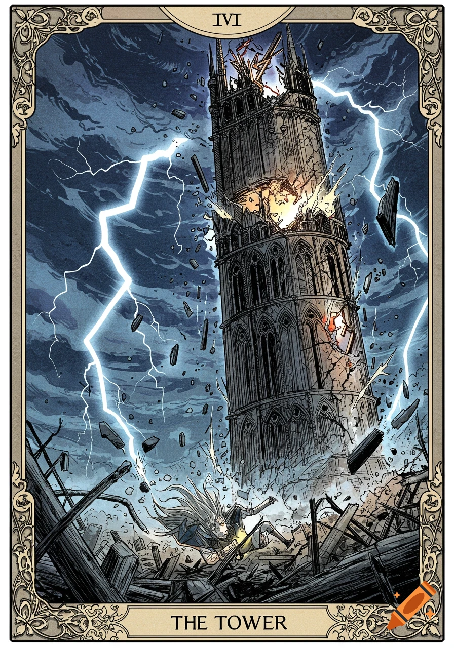 A manga-style tarot card depicts The Tower card, showing a tall, dark tower struck by lightning and collapsing, with debris and a figure falling amidst a stormy sky.