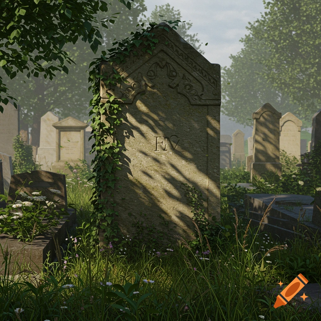 An old gravestone covered in ivy stands in a sunlit, overgrown cemetery, with other headstones in the background.