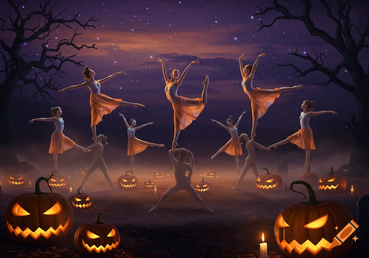 A group of ballerinas and gymnasts perform graceful poses among glowing jack-o'-lanterns and bare trees under a starry, twilight Halloween sky.