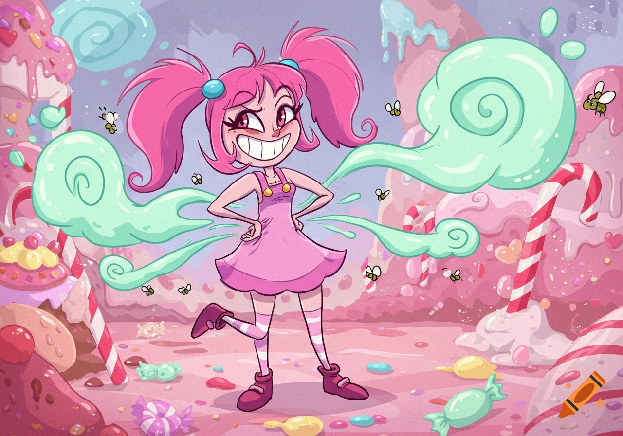 A cheerful, pink-haired cartoon girl in a pink dress smiles broadly in a candy land, with green smell lines emanating from her.