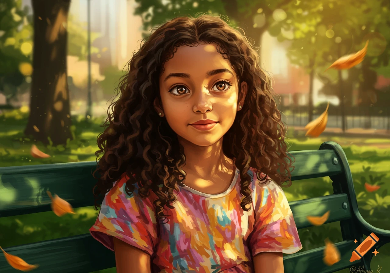 A charming digital art portrait of a young girl with curly hair ...