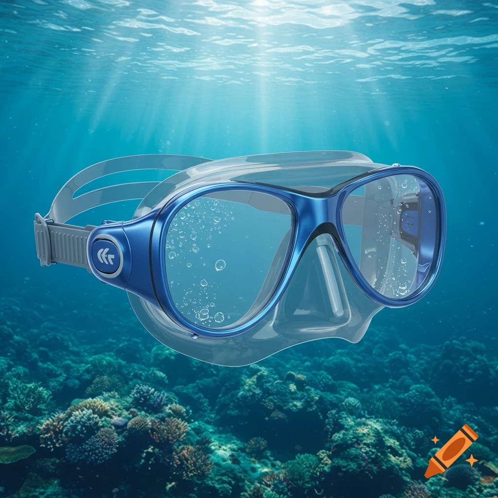 A blue and clear diving mask with small bubbles floating in front of its lenses, suspended in clear blue ocean water above a coral reef, with sunlight streaming from above.
