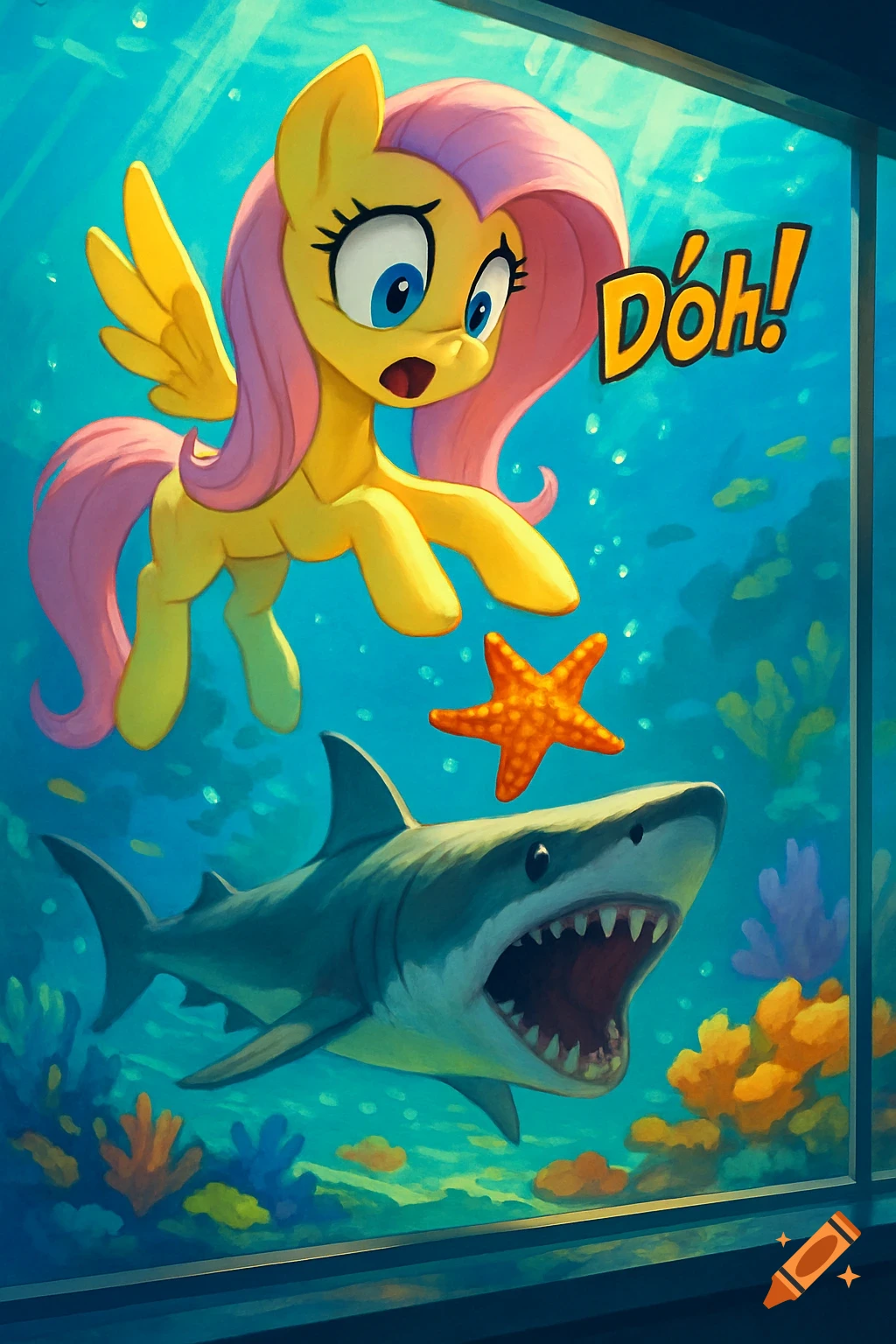 Cartoon Fluttershy reacts with "Dóh!" as a shark prepares to eat a starfish she dropped in an aquarium.