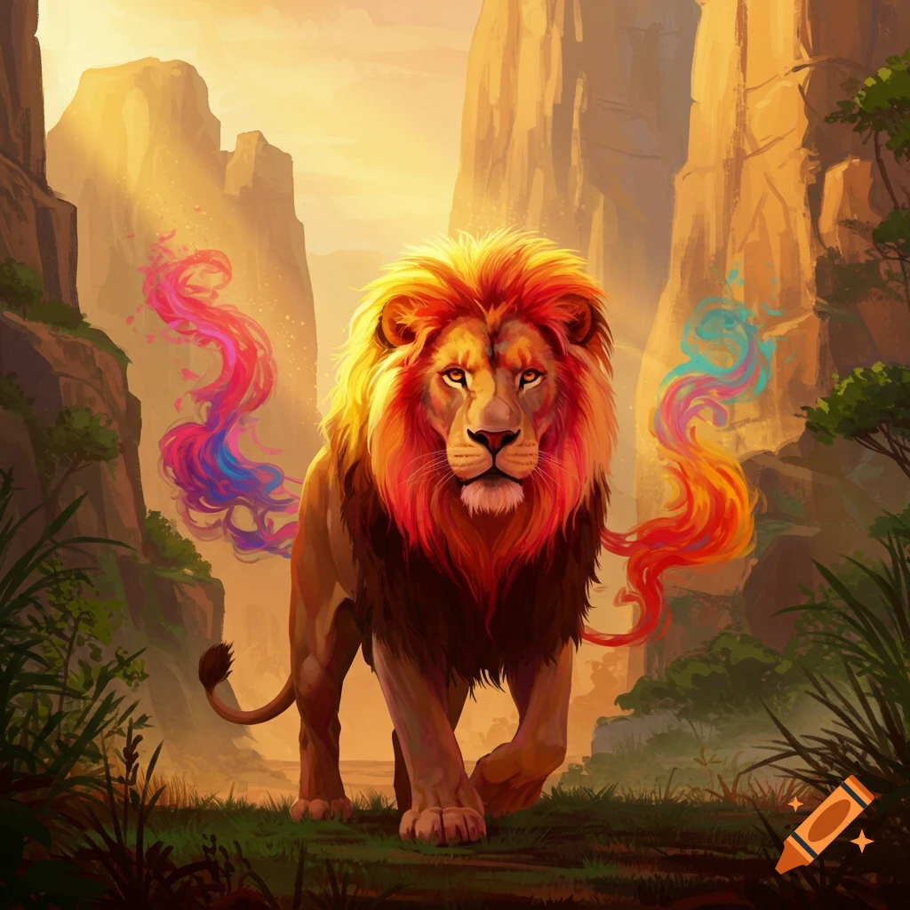 Vibrant lion with a fiery, glowing mane and colorful magical wisps, walking through a sunlit canyon. Stylized art.