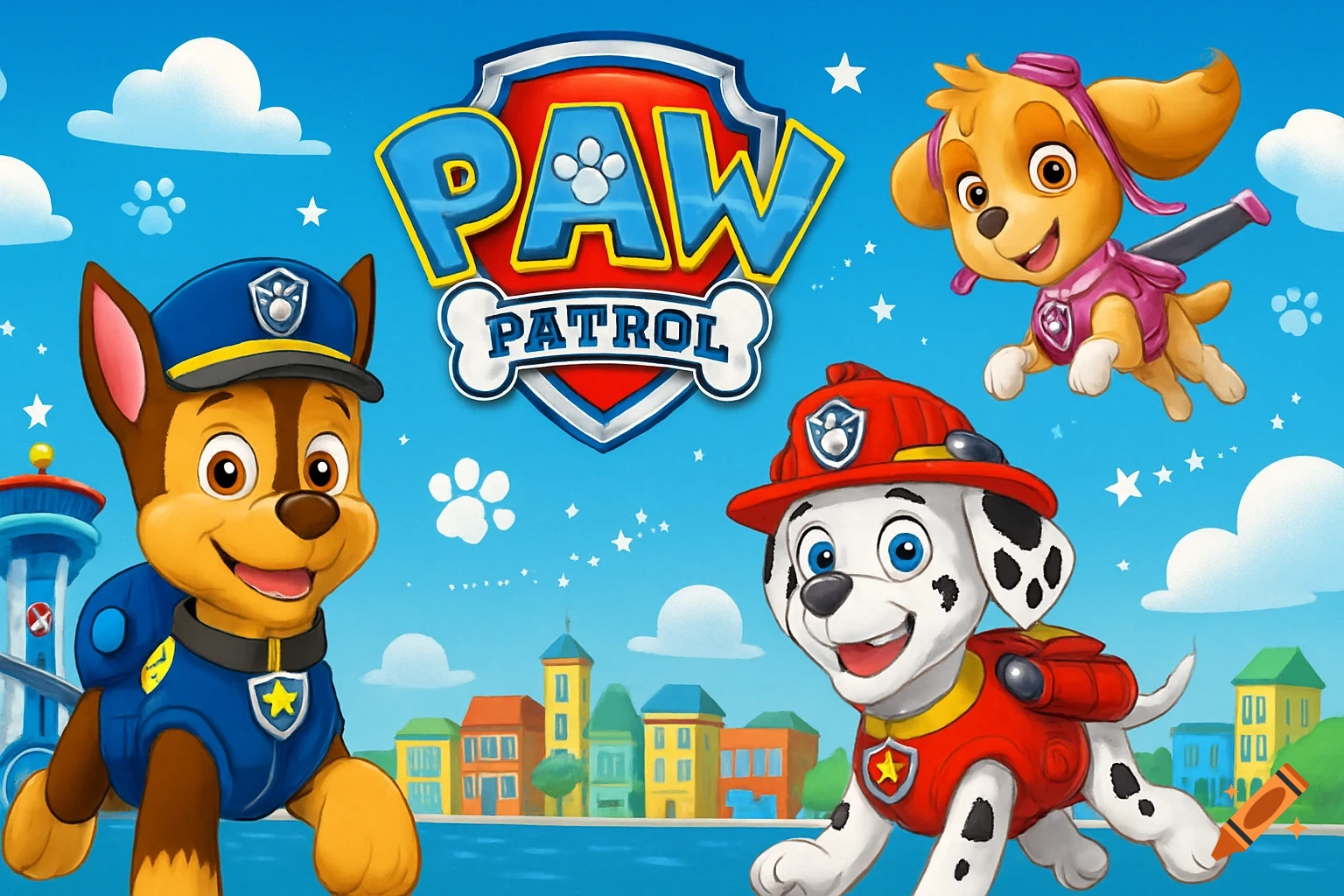 Illustration of Paw Patrol puppies Chase, Skye, and Marshall with the Paw Patrol logo against a blue sky background.