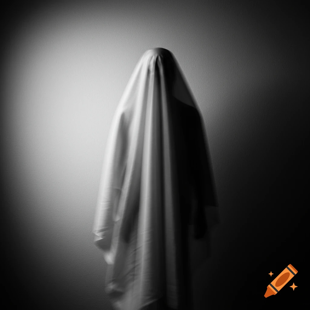 A black and white photograph of a figure draped in a white sheet, resembling a ghost, against a dimly lit wall.