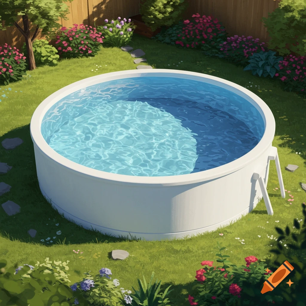 A round, white freestanding swimming pool with blue water in a lush green garden with flowers and a wooden fence.