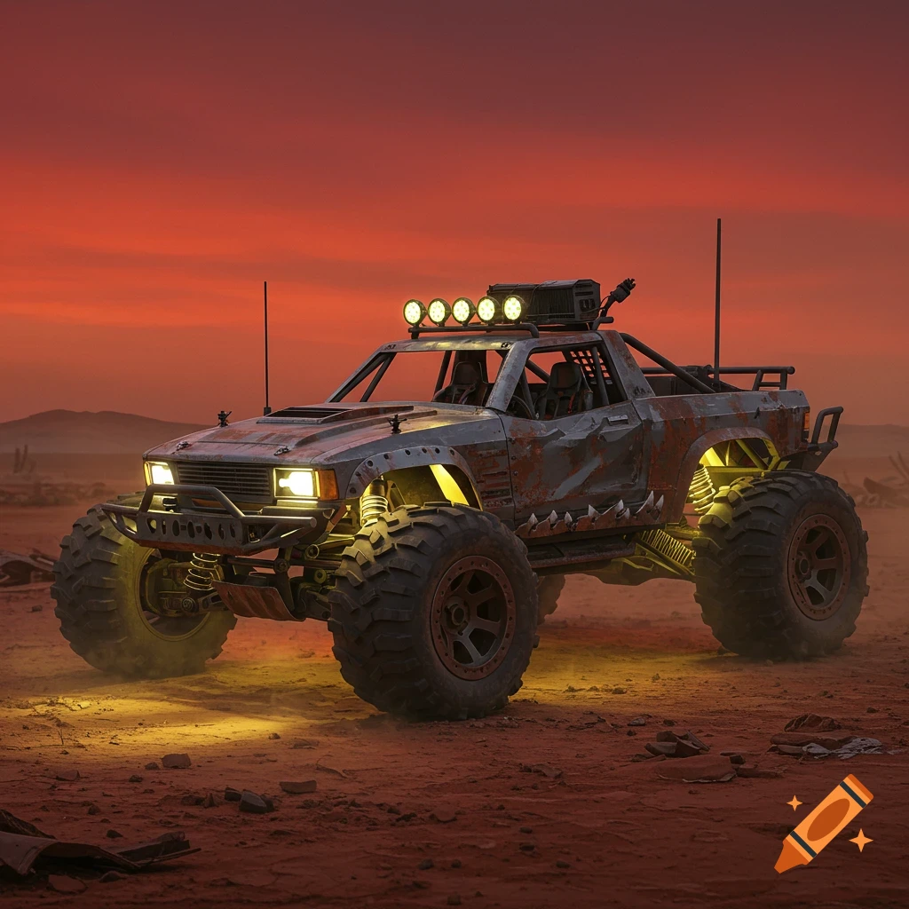A rusty, heavily customized post-apocalyptic monster truck with bright headlights drives on a barren, reddish desert landscape under an orange sky.
