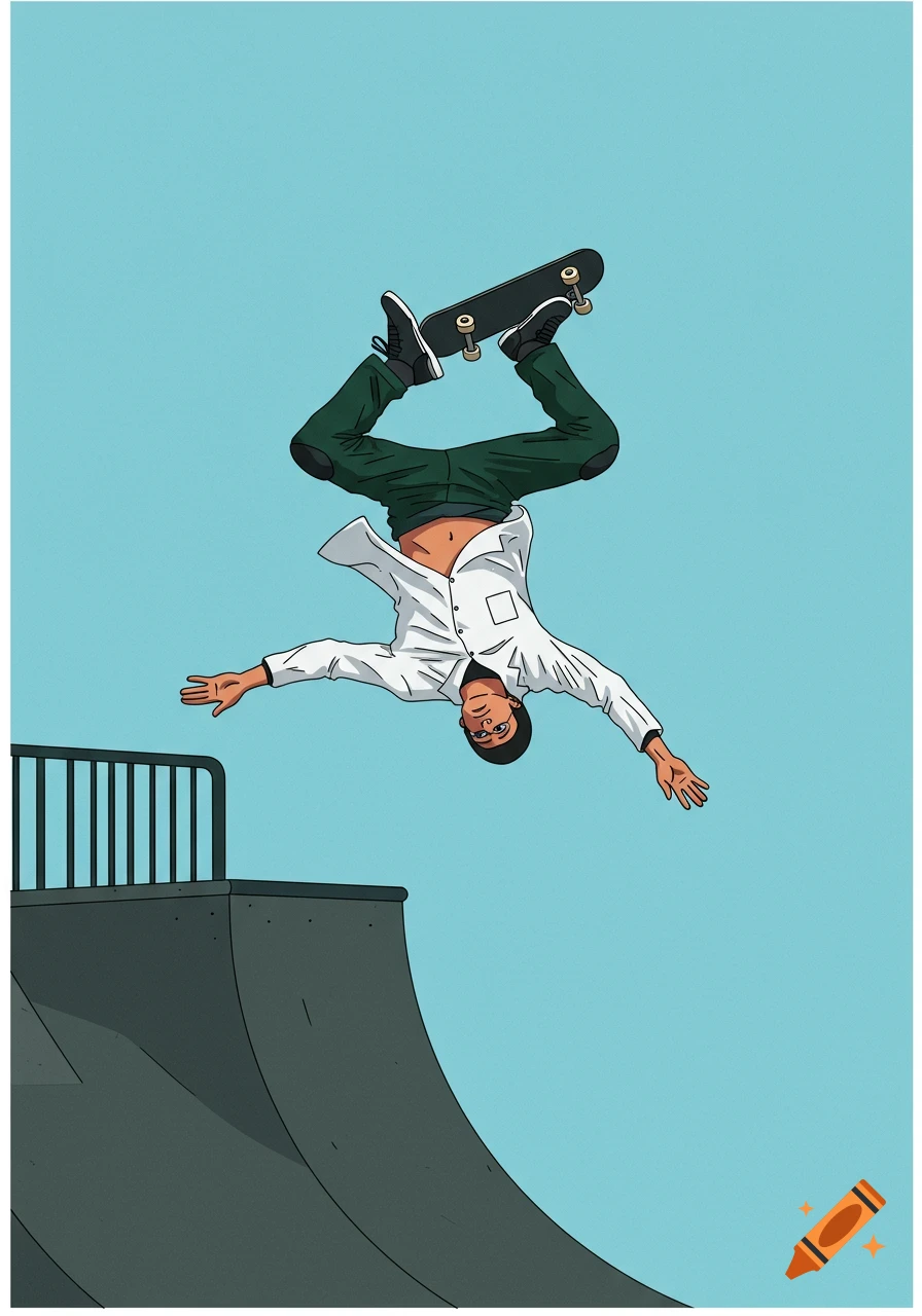 Cartoon illustration of a skater in a white lab coat doing a frontside invert trick over a skate ramp against a blue background.