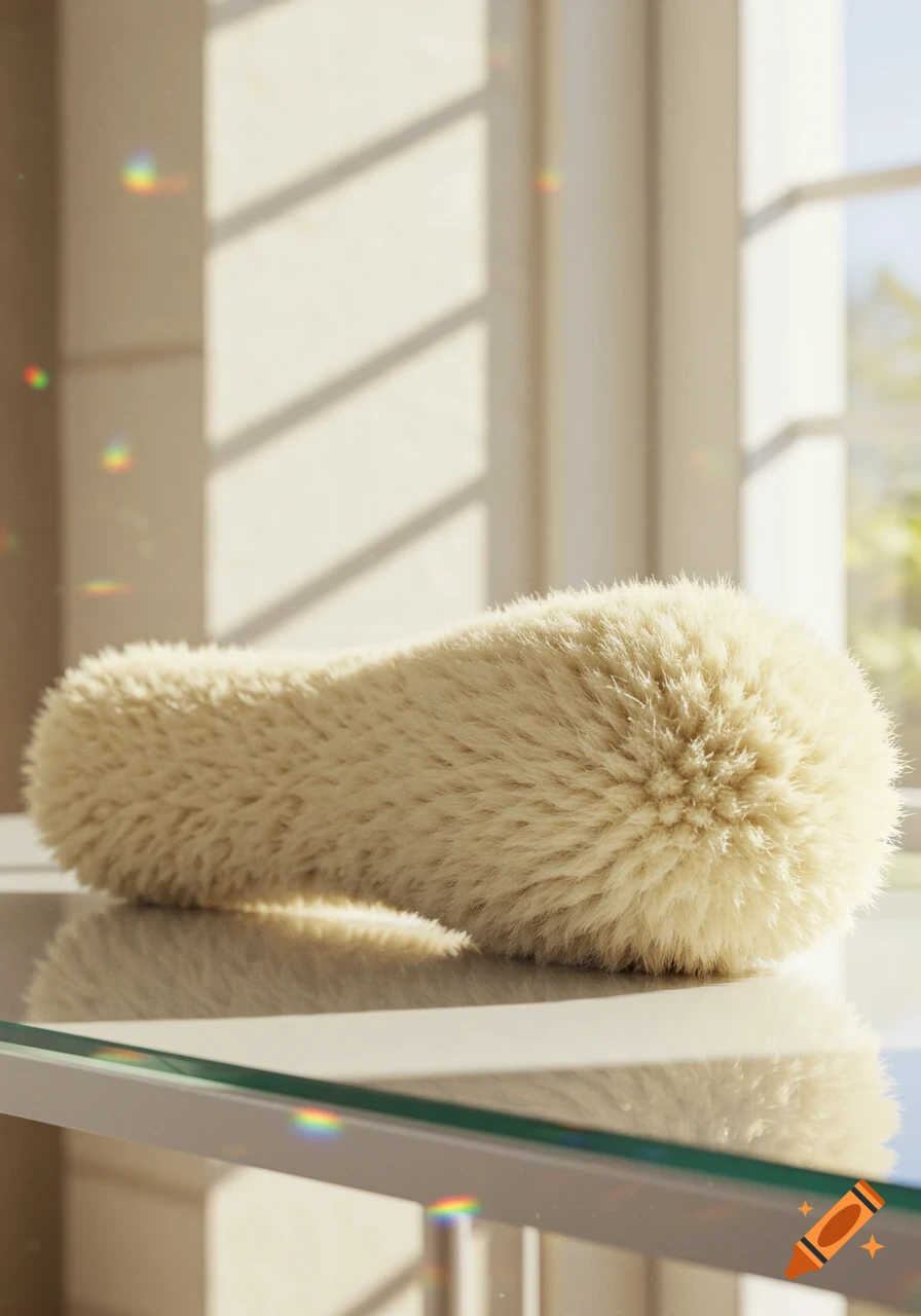 A light beige, faux fur-covered oblong object, resembling a sponge baseball bat, sits on a reflective surface with dappled sunlight and rainbow lens flares.