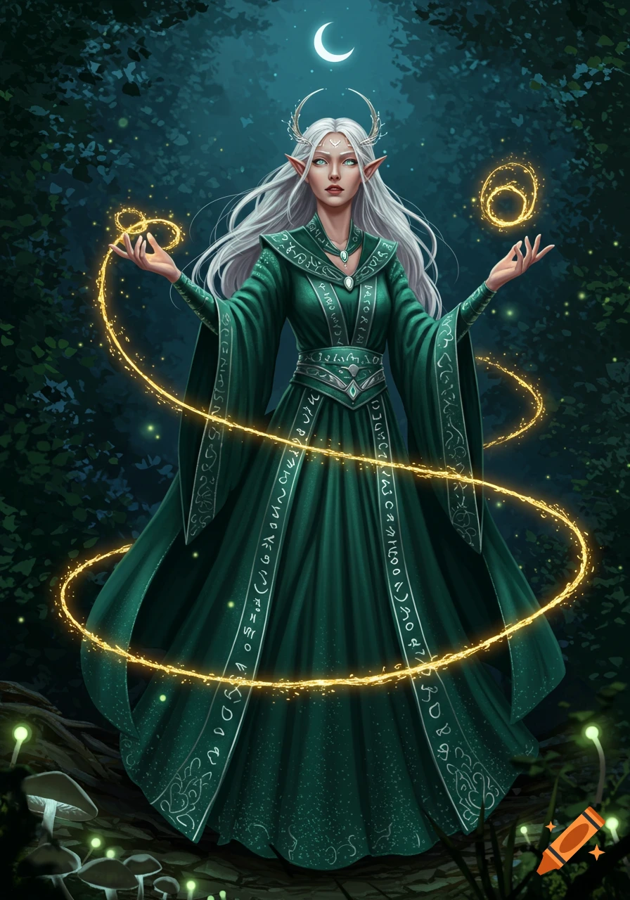 A white-haired elf wizard in green robes casts a spell with glowing golden magic in a dark forest under a crescent moon, digital art.