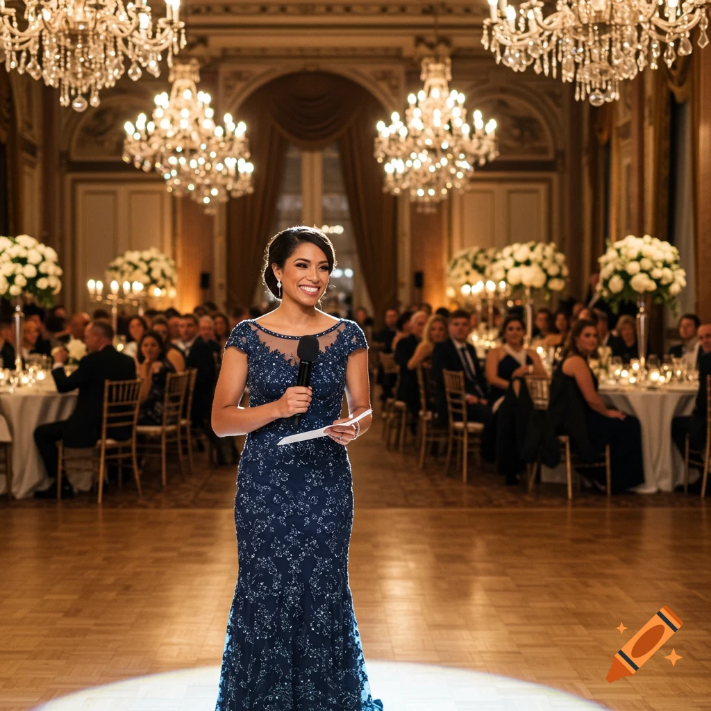 A smiling woman in a blue formal dress holds a microphone and a script, speaking at a wedding reception in a grand hall with chandeliers.
