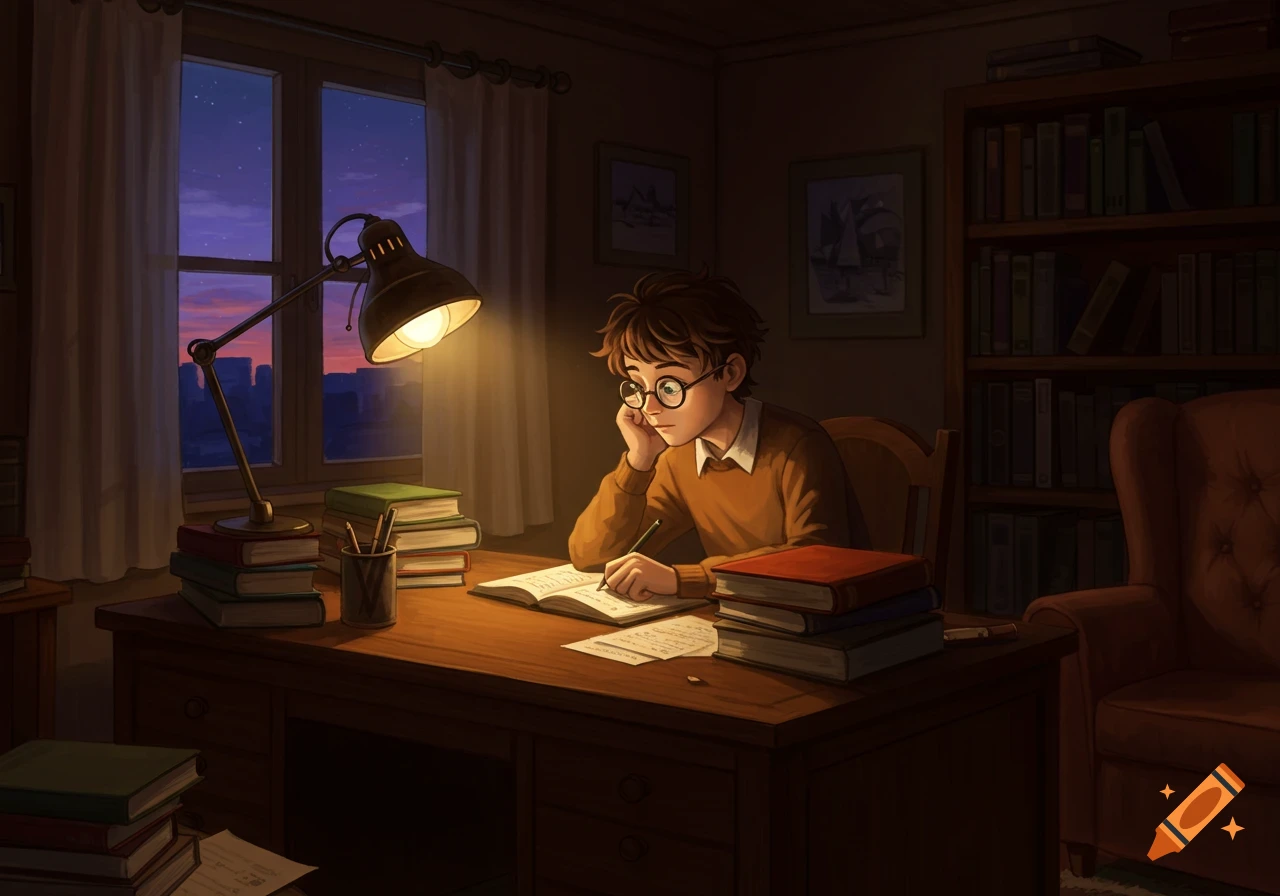 An illustration of a young student with glasses studying at a desk under a lamp, surrounded by books, with a sunset visible through a window.