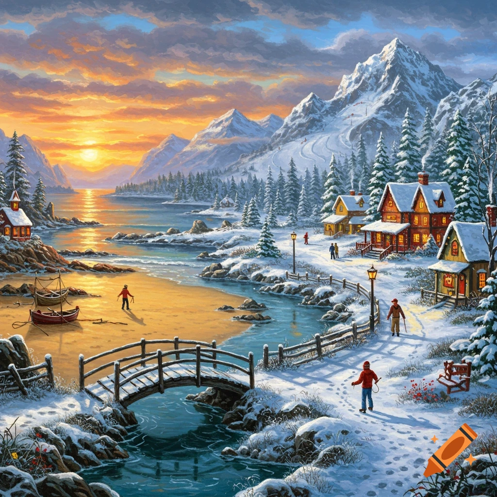 Vibrant painting of a snowy coastal village at sunset, featuring a beach, a bridge over a river, and snow-capped mountains.