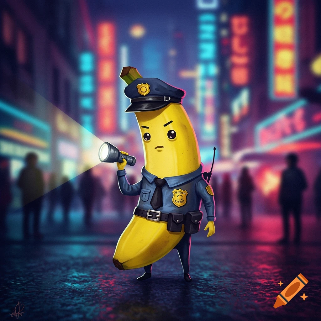 A cartoon banana dressed as a police officer holds a flashlight, standing on a wet street at night with blurry neon city lights in the background.