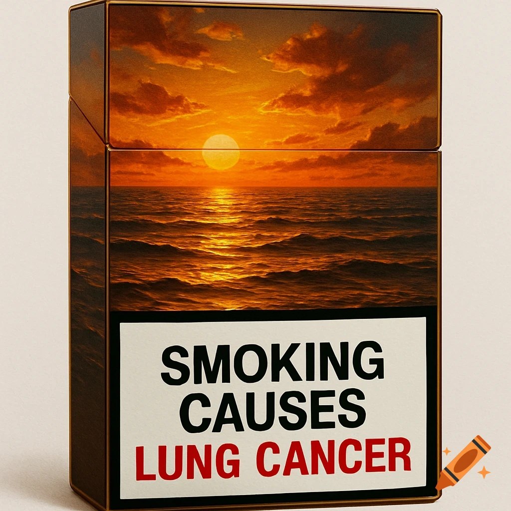 A cigarette box featuring a vibrant sunset over a calm ocean and a black and red health warning label stating 'SMOKING CAUSES LUNG CANCER'.