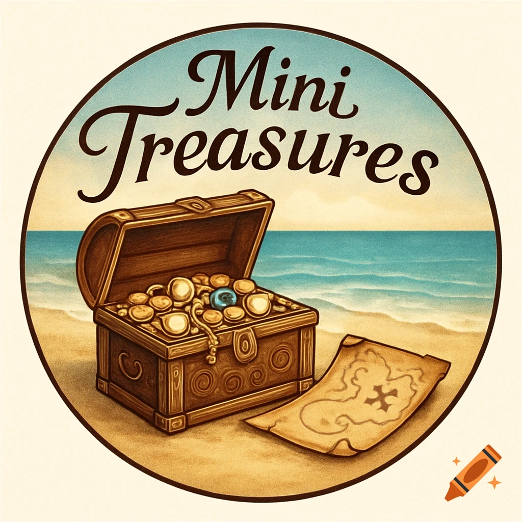Circular logo of an open treasure chest with coins and a map on a beach, with "Mini Treasures" text.