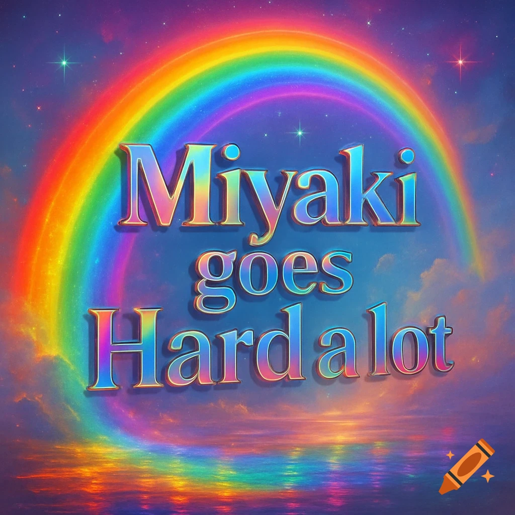 Vibrant rainbow arches over a dreamlike sky and reflective water, with the iridescent text 'Miyaki goes Hard a lot' in the foreground.