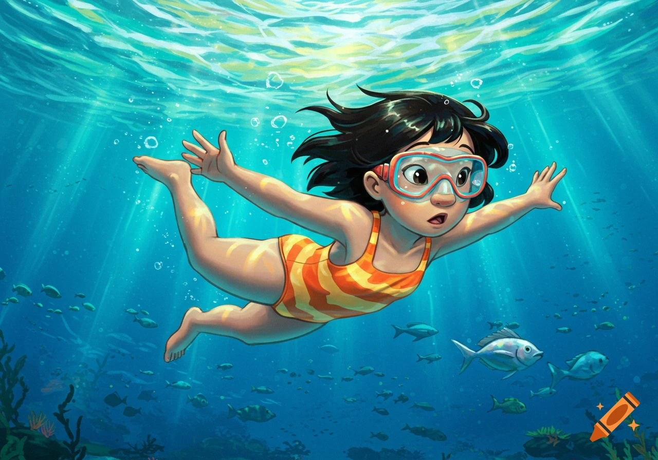 Cartoon girl in orange and yellow swimsuit and goggles swims underwater with fish.