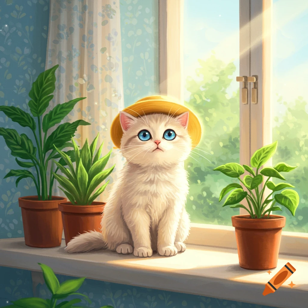 A cute white cat in a yellow hat sits on a sunny windowsill surrounded by potted plants. Digital illustration.