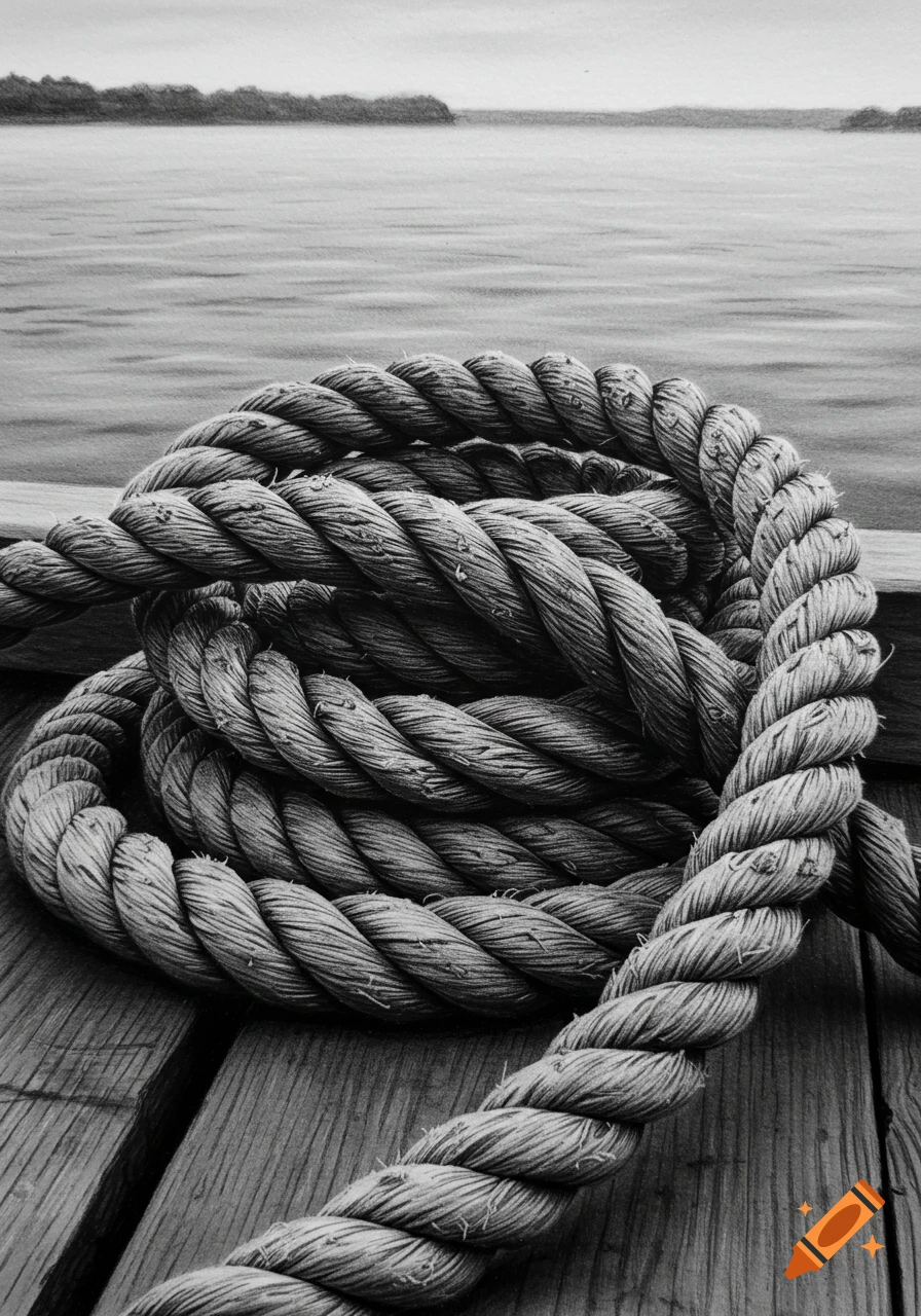 A coiled rope in a black and white drawing rests on a wooden dock with water and land in the background.