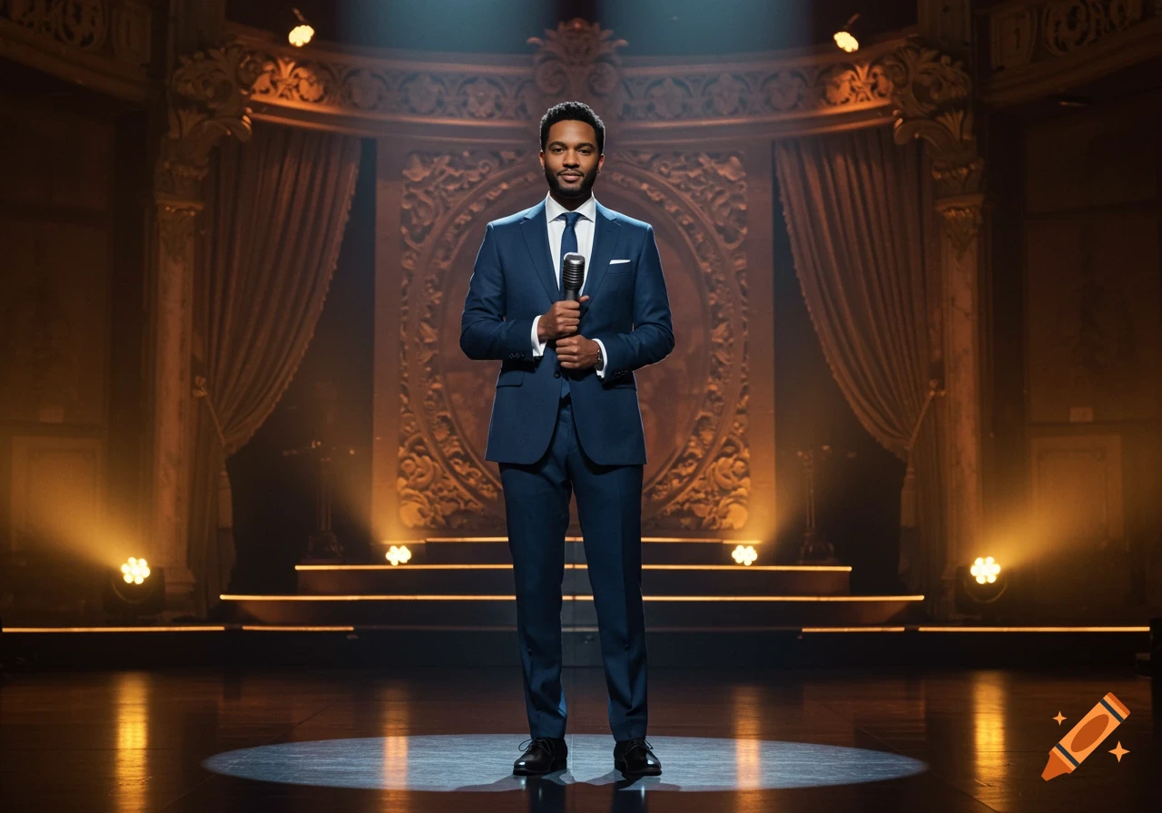 A man in a blue suit holding a microphone stands on a spotlighted stage with ornate decorations and warm lighting.