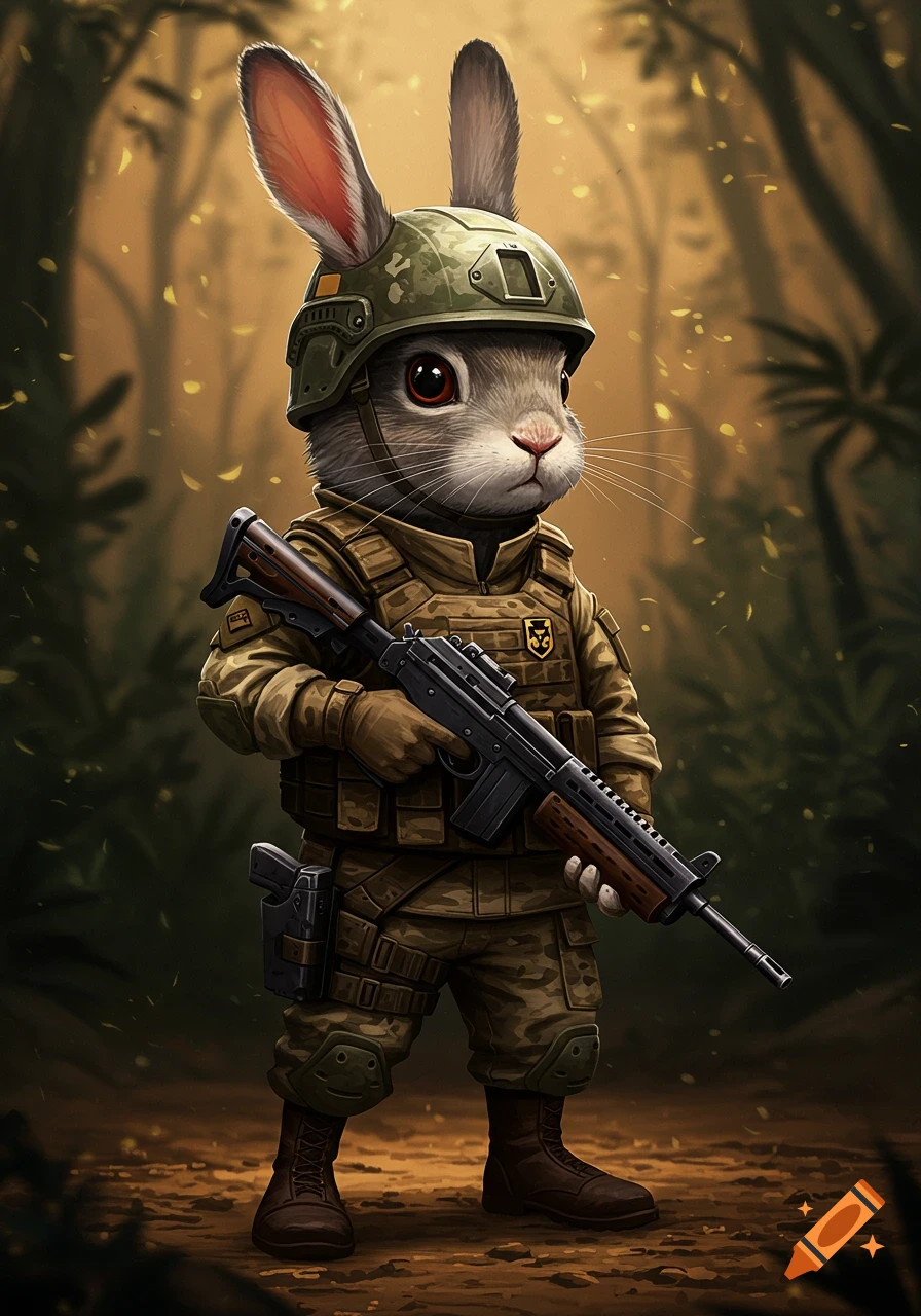 A cute rabbit wearing a camouflage military uniform and helmet, holding ...