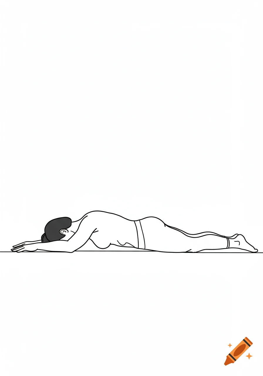 Line drawing of a person lying prone on the floor with forearms flat and toes flexed.