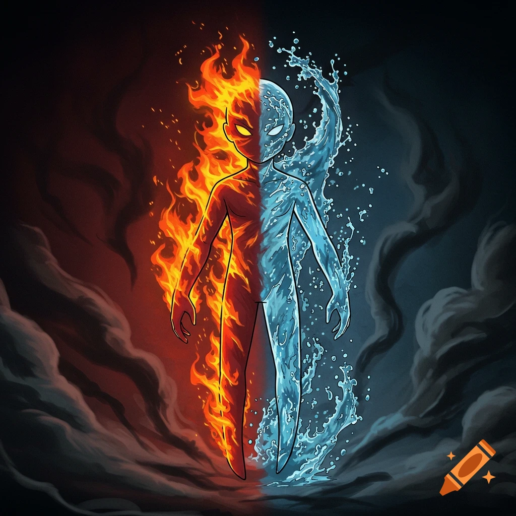 Anime figure split, half blazing fire with an evil eye, half flowing water with a serene eye, surrounded by dark smoke.