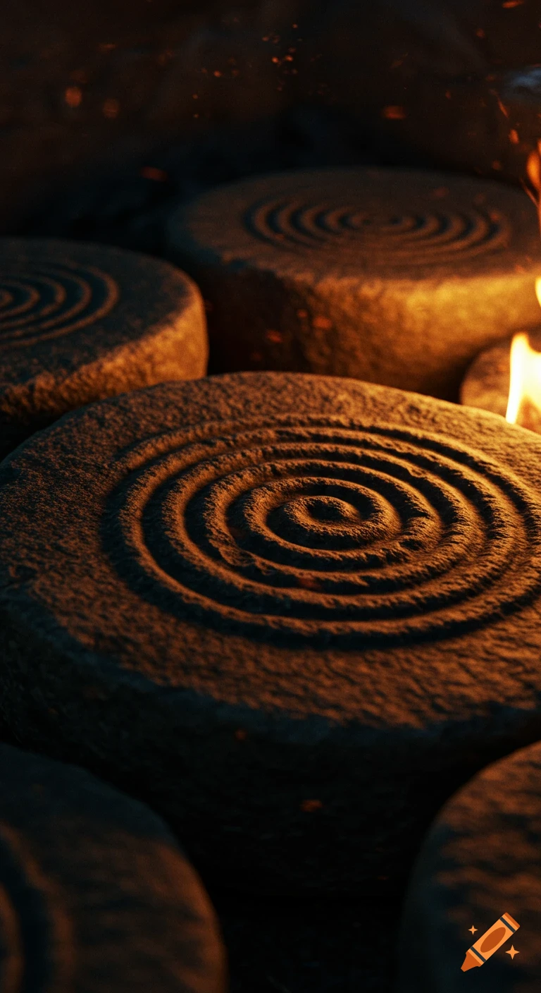 Close-up of ancient carved stone discs with spiral markings, illuminated by flickering firelight, in a cinematic macro shot.