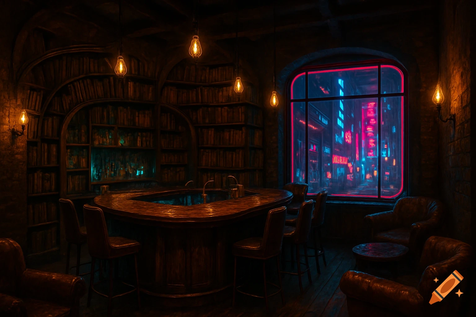 A dark, moody book cafe interior with a horseshoe bar, book-lined shelves, and leather chairs, looking out onto a neon-lit cyberpunk city.