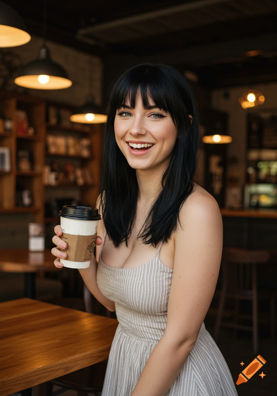 A smiling young woman with dark hair and bangs holds a coffee cup in a photorealistic style at a coffee shop.