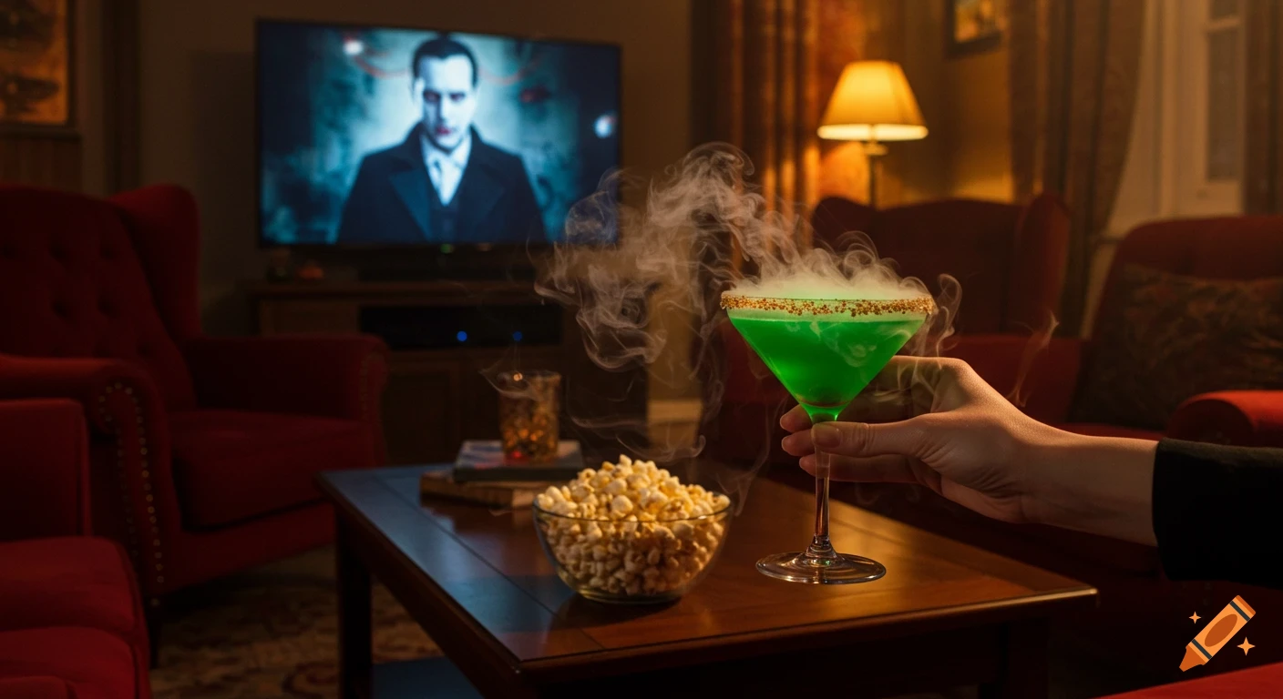 A hand holds a smoking green cocktail in a cozy living room with red velvet chairs, popcorn, and a TV playing a gothic vampire movie.