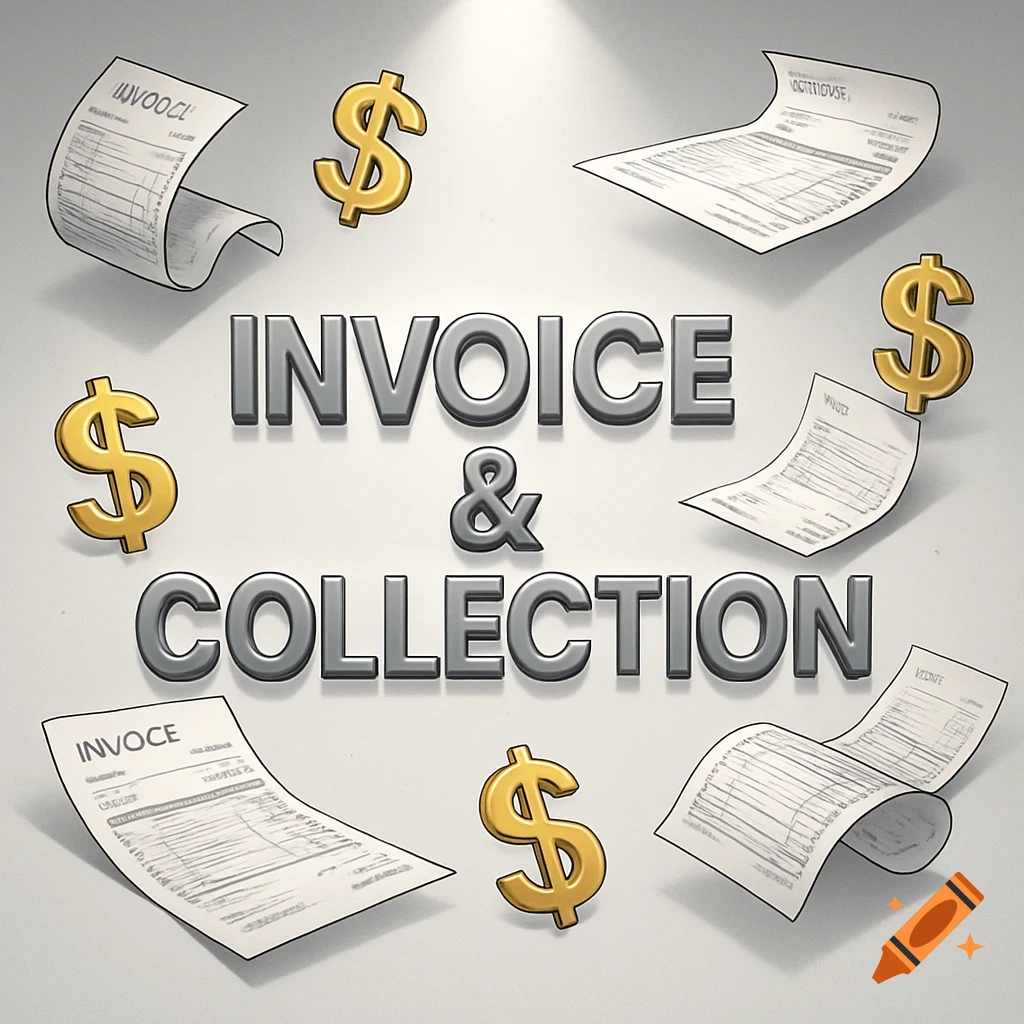 3D metallic text "INVOICE & COLLECTION" surrounded by gold dollar signs and various stylized invoice documents on a light gray background.