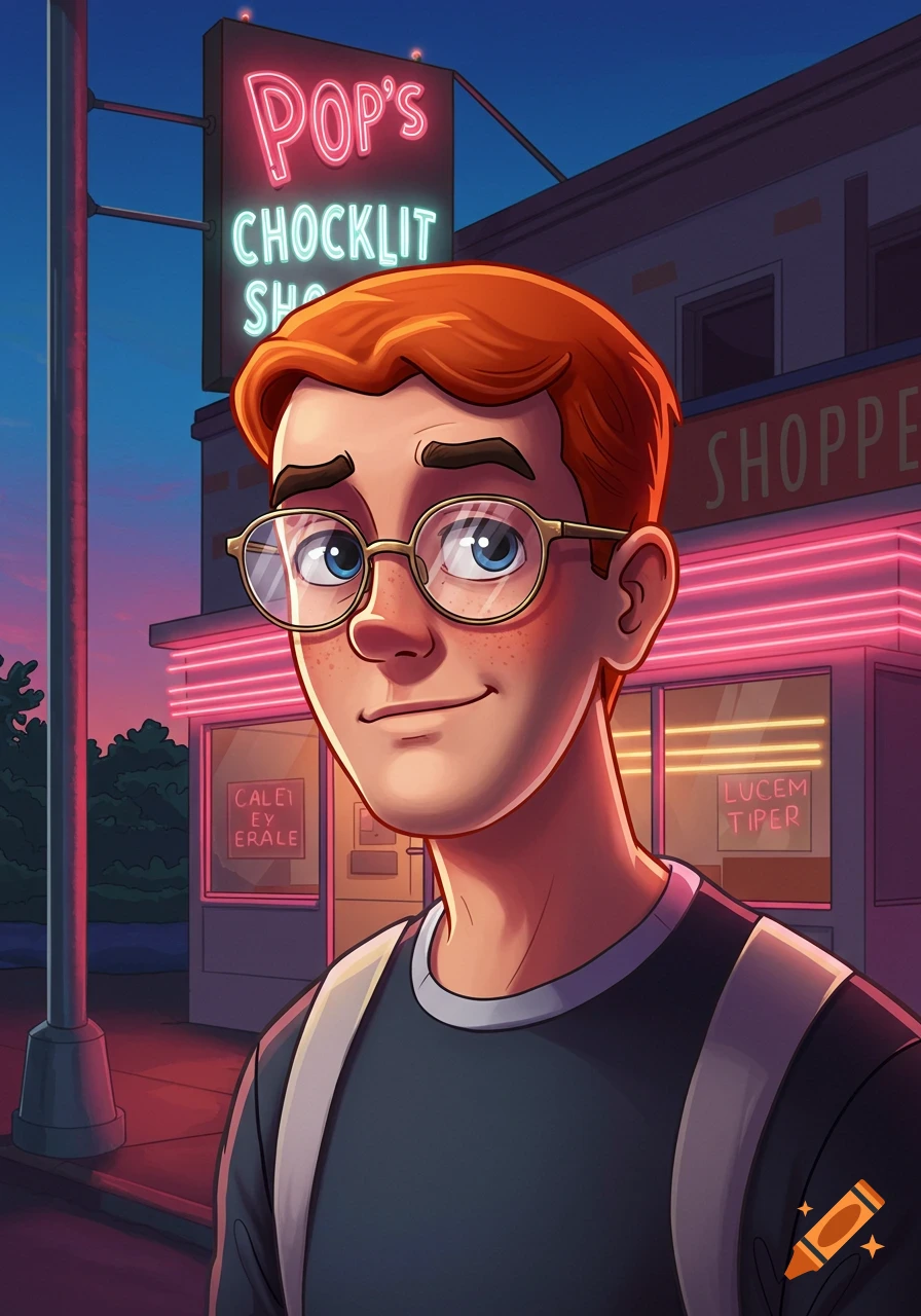 A cartoon illustration of a red-haired young man with glasses, smiling in front of Pop's Chocklit Shop neon sign at dusk.