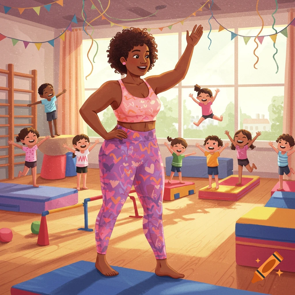 A smiling woman in a sports bra and patterned leggings teaches a children's gym class, with several diverse children stretching and jumping around her in a sunny gym.