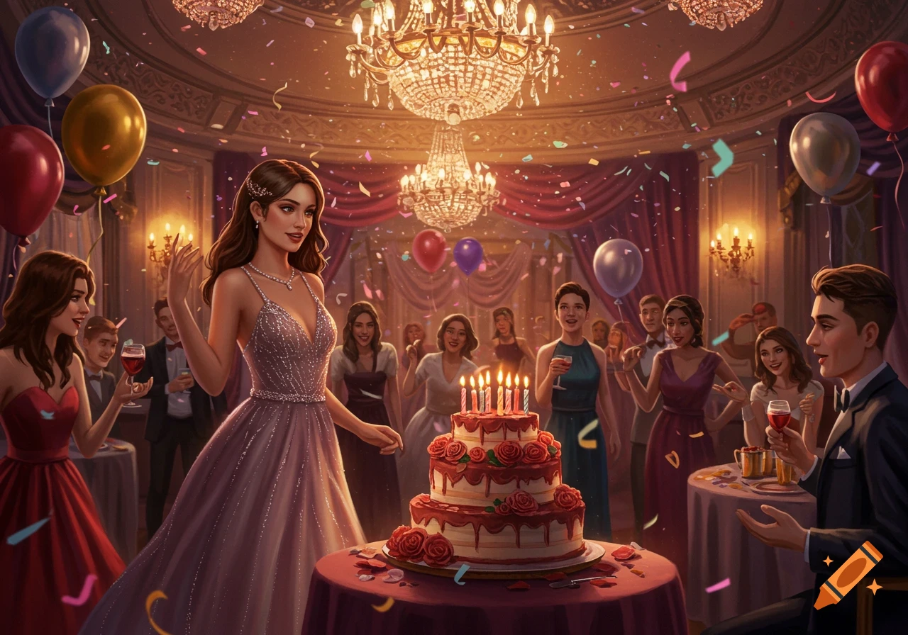 A birthday celebration in a grand ballroom. A woman in a sparkling dress stands by a tiered cake, surrounded by guests, balloons, and confetti.