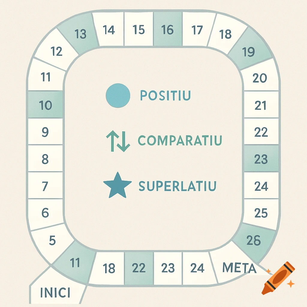 A clean, modern game board with numbered squares in a loop, featuring the terms "POSITIU", "COMPARATIU", "SUPERLATIU" with corresponding icons in the center, and "INICI" and "META" at the ends.