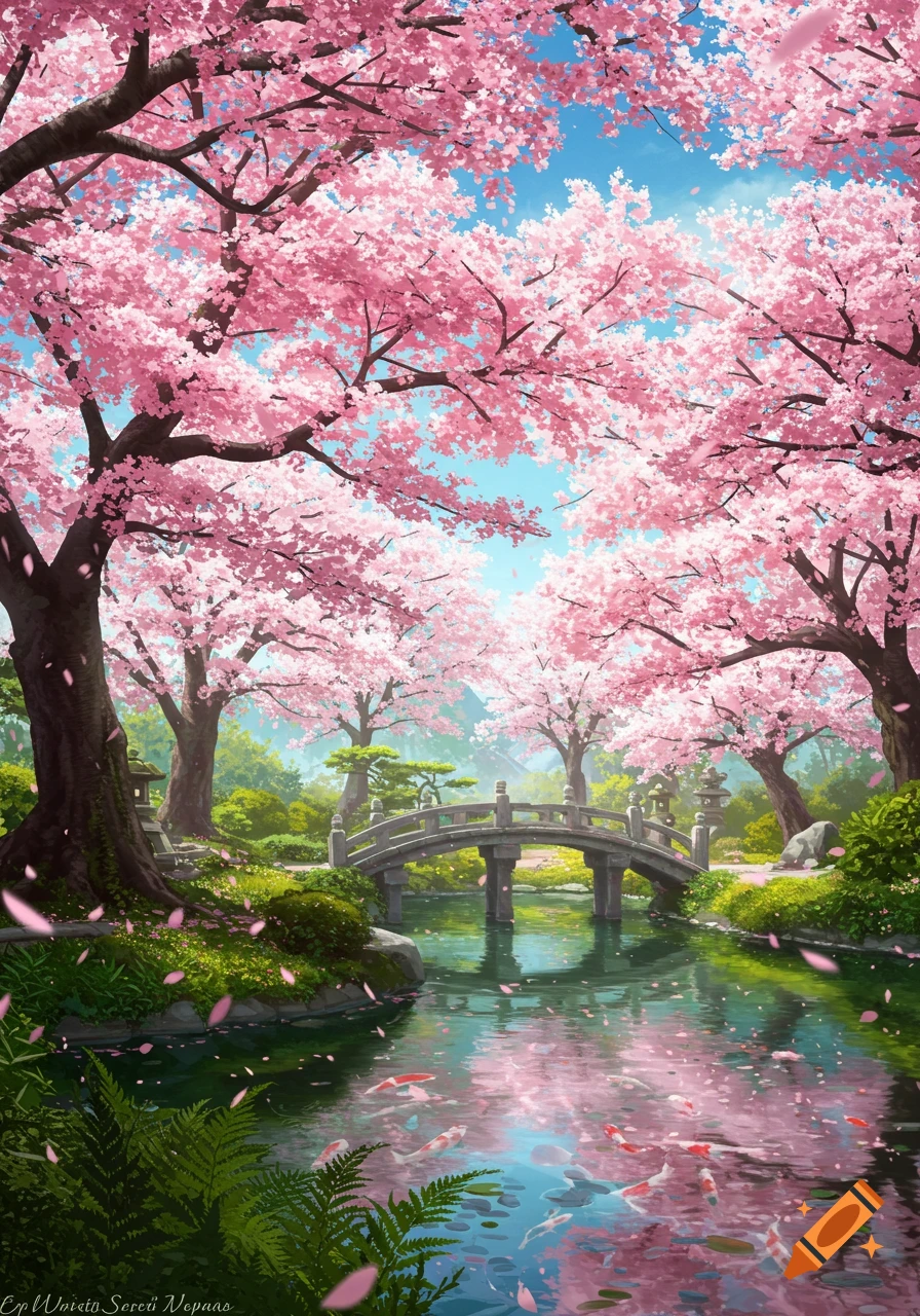 A vibrant illustration of a Japanese garden in cherry blossom season, with pink petals falling onto a stream with koi fish and a stone bridge.