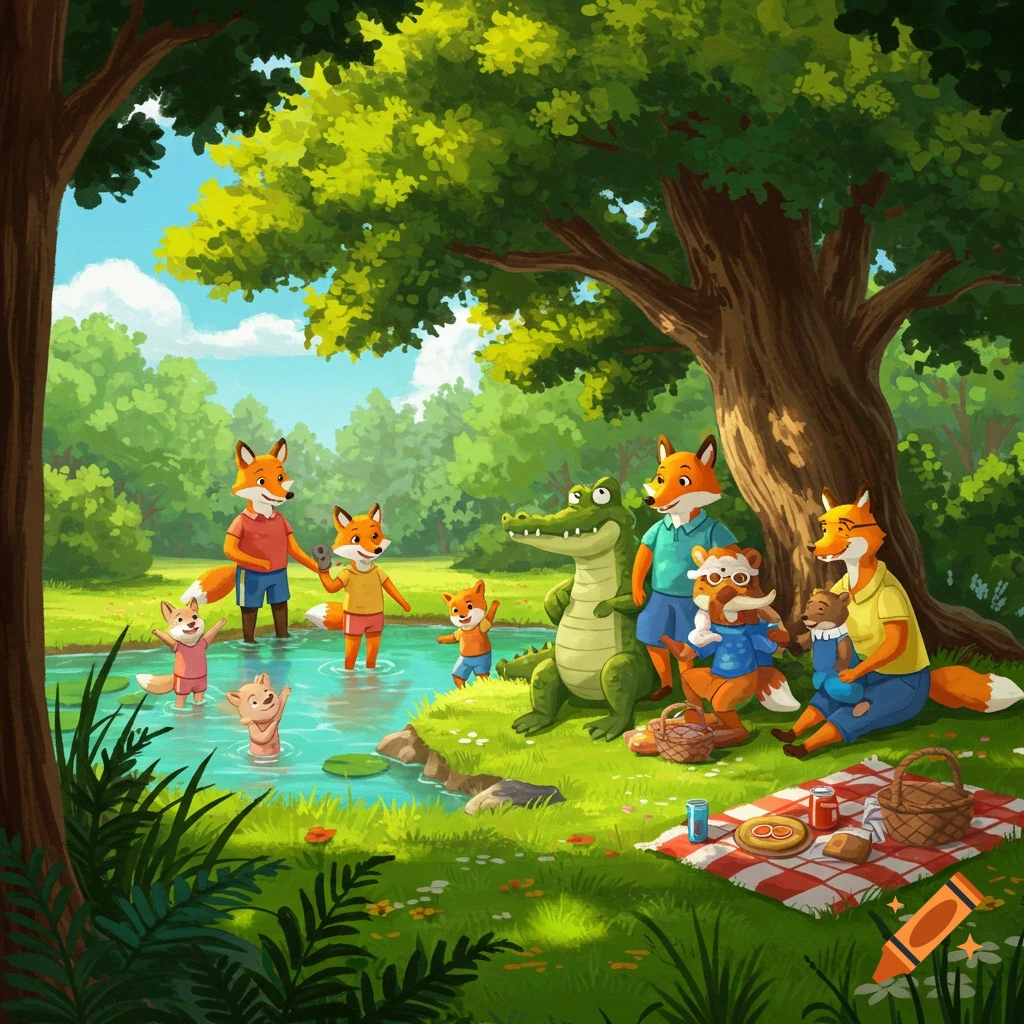 Cartoon anthropomorphic animal families, including foxes and a crocodile, picnic and play in a pond in a sunny forest.