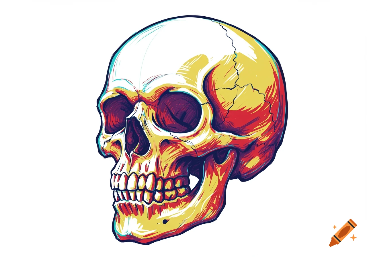 A stylized graphic illustration of a human skull, rendered in vibrant red, yellow, and blue tones, against a white background.