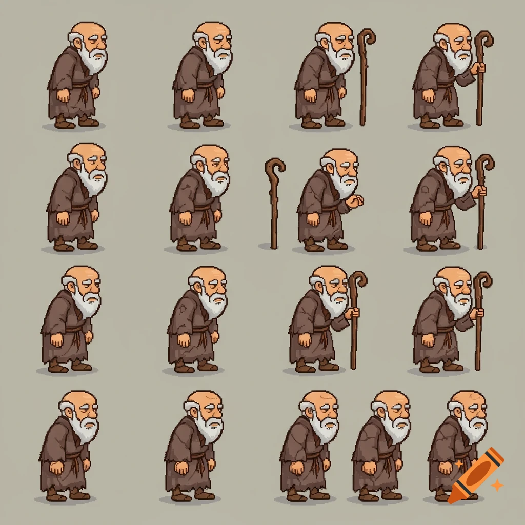 A pixel art sprite sheet of an elderly male RPG character with a long white beard, hunched posture, and tattered brown robes, depicted in a 4x4 grid showing idle and walk animations with a staff.