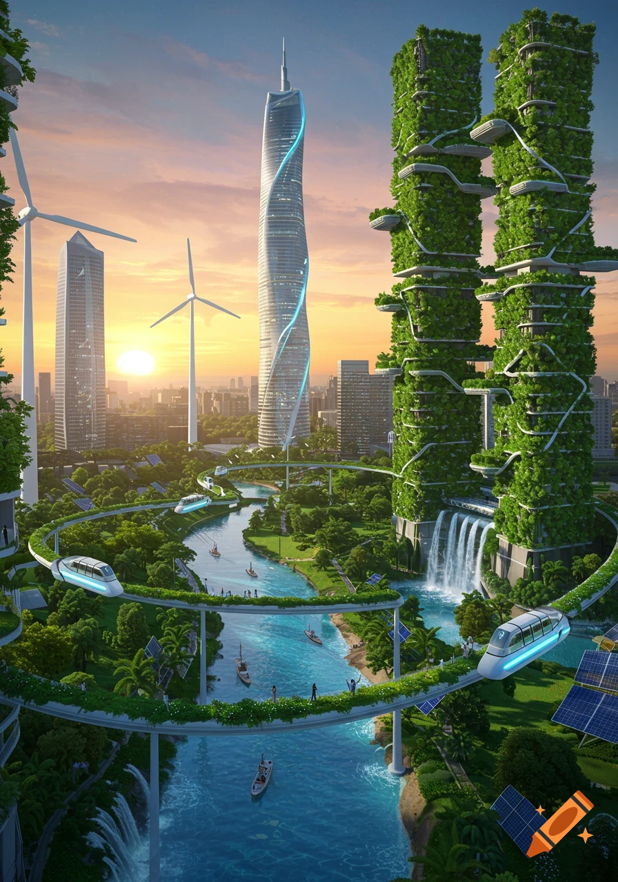 A vibrant, futuristic eco-city at sunset, with lush green vertical garden skyscrapers, wind turbines, solar panels, and maglev trains circling a river.