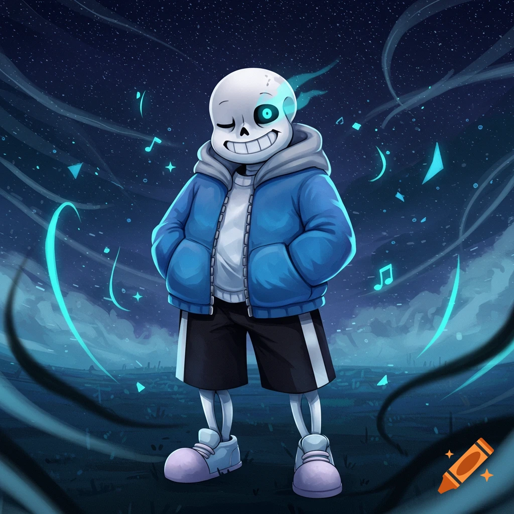 Digital art of Sans from Undertale winking and smiling, hands in pockets, against a dark starry sky with glowing blue elements.