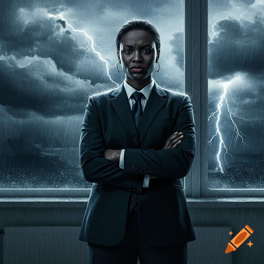 An angry woman in a dark suit stands with crossed arms against a stormy window with lightning.
