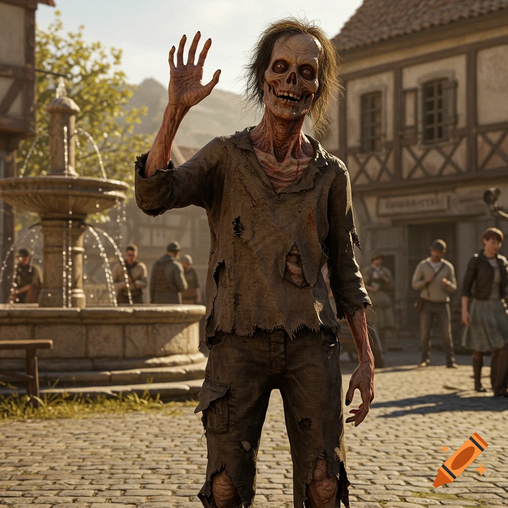 A photorealistic zombie in tattered clothes waves hello in a sunlit cobblestone town square.
