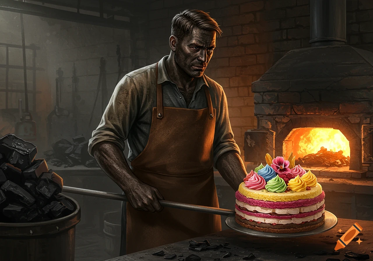 A grim-faced, coal-stained blacksmith in an apron holds a colorful cake on a peel in front of a glowing forge.