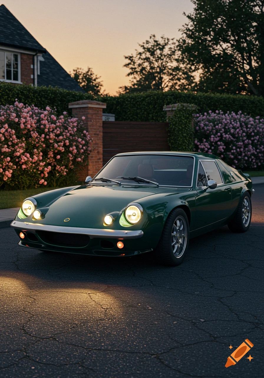 A green retro Lotus Europa sports car with headlights on, parked on an asphalt street in front of a house at sunset.